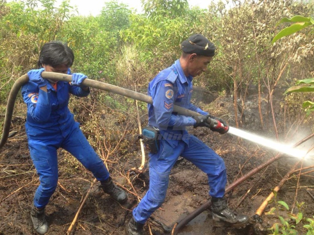 Sebahagian anggota APM membantu memadam kebakaran di Hutan Simpan Gambut Bestari Jaya.